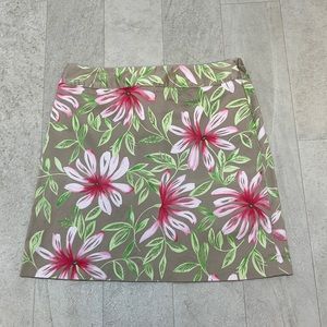 Talbots Skirt Sz 16 Tan Green Pink Floral Midi Stretch Side Zip Spring Summer